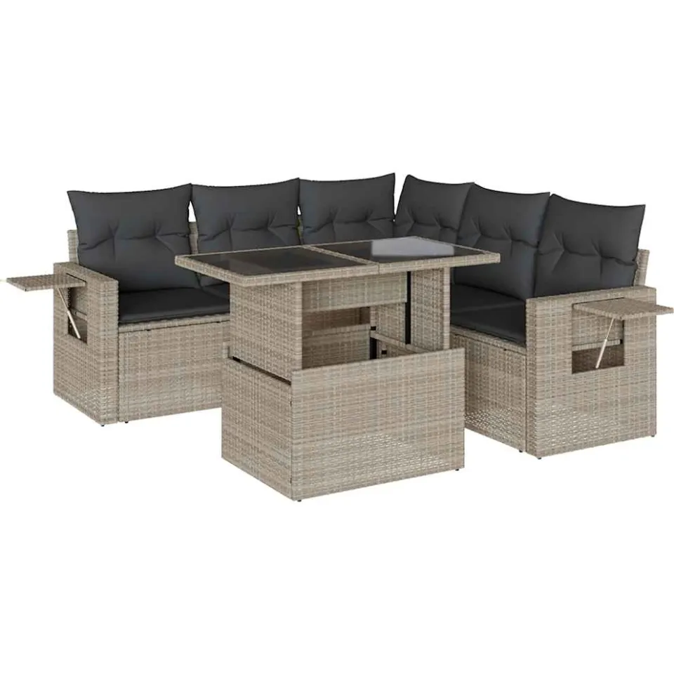 vidaXL 6-delige Loungeset met kussens poly rattan lichtgrijs grijs, foto 3
