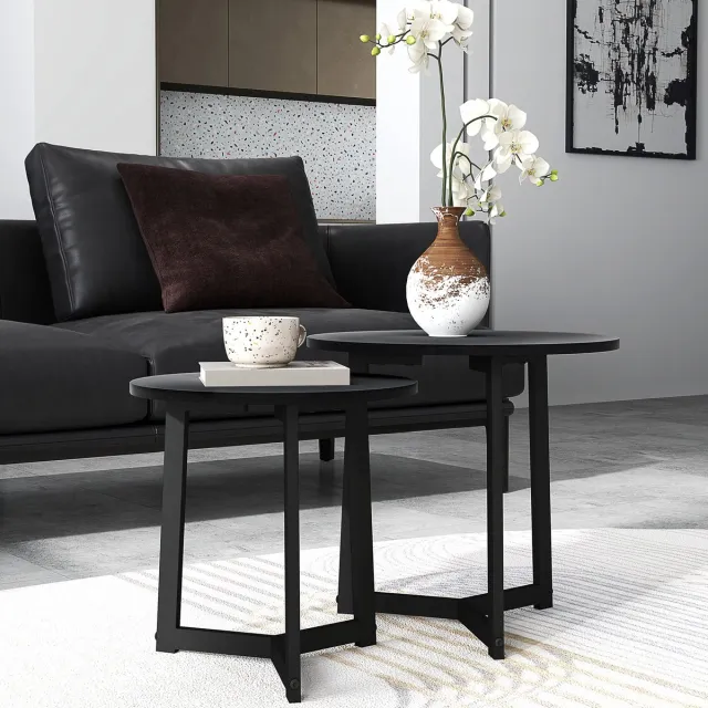STILVORA Salontafel Set van 2 - Ronde Nesttafels met Stalen Onderstel - voor Woonkamer en naast de Bank - MDF en Staal - 48 en 40 cm - Zwart
