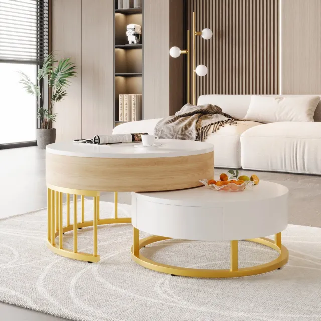 COVREO Salontafel set van 2 70x60x56 cm – rond, wit en goud, met lade en verstelbaar blad