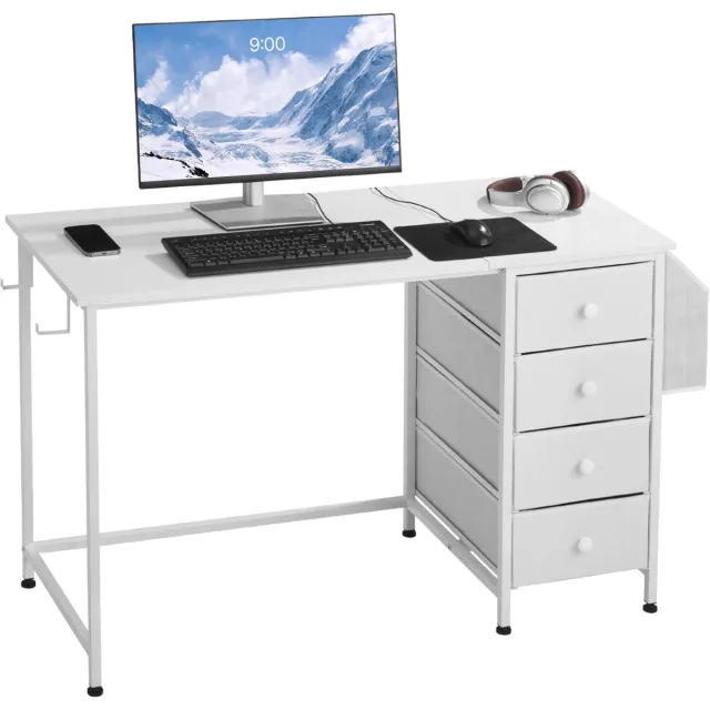 Vevor Computer Bureau met Stoflaadjes, 120 cm Omkeerbare Studie Werk Schrijfbureau voor Moderne Thuisbureau Slaapkamer, Eenvoudig Modern Knuffig PC Tafel Metalen Frame Kantoormeubilair, Wit