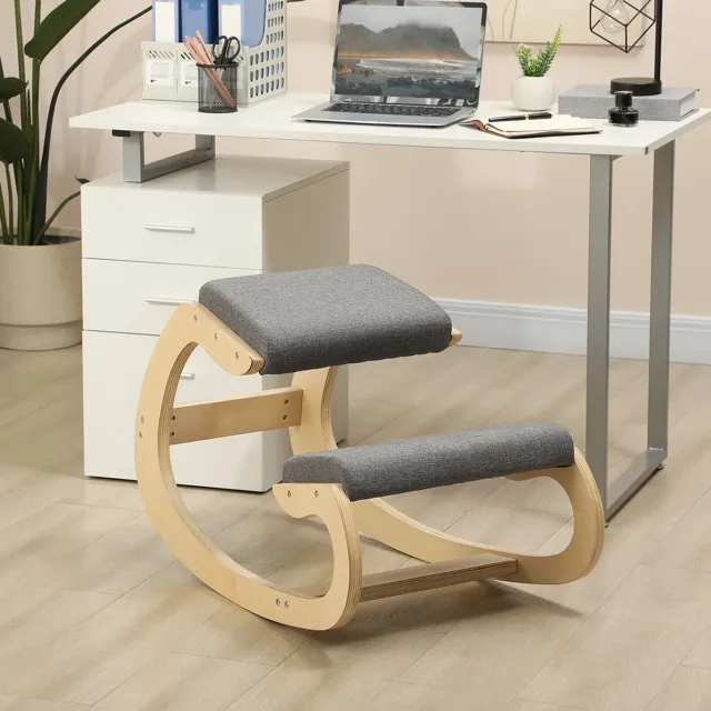 DESMIU Bureaukruk 54,5 x 85 x 54 cm - Ergonomische Kniestoel Met Schommelbasis Voor Thuiswerk En Meditatie - Berkenhout Grijs