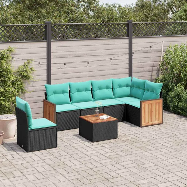 vidaXL 7-delige tuinbankset met kussens van zwart polyrotan, foto 2