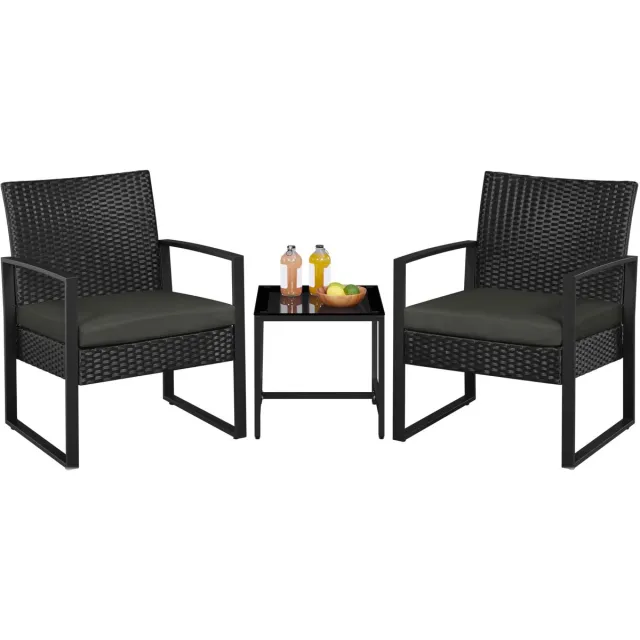 Yaheetech Polyrotan zitgroep tuinset 3-delig balkonset rotanlook loungeset voor tuin & terras, incl. zitkussen & glasplaat Zwart