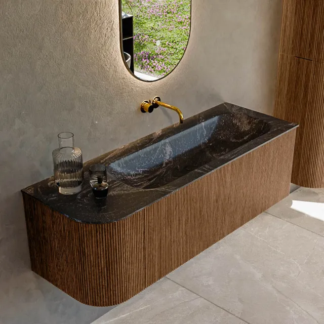 Mondiaz KURVE 135 cm Onderkast Greeploos 1 Lade Met Deuren Walnut, Wastafel Solid Surface Rechts Urban 0 Kraangaten Zonder Spiegel (KRVBGM135L1L1D0KR-Wal/Urb)