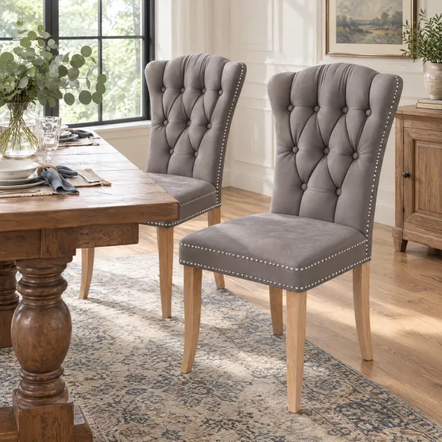Yelenaro Set van 2 Eetkamerstoelen, Fluweel Dinerstoelen met Getufte Rugleuning en Siernagels, Houten Poten, Luxe Keukenstoelen voor Eetkamer Woonkamer, Donkergrijs