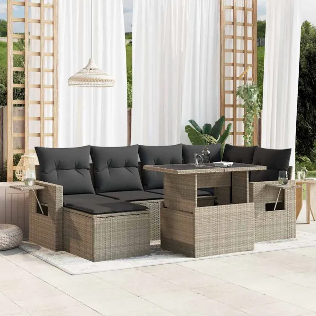 vidaXL 7-delige Loungeset met kussens poly rattan lichtgrijs grijs, foto 2
