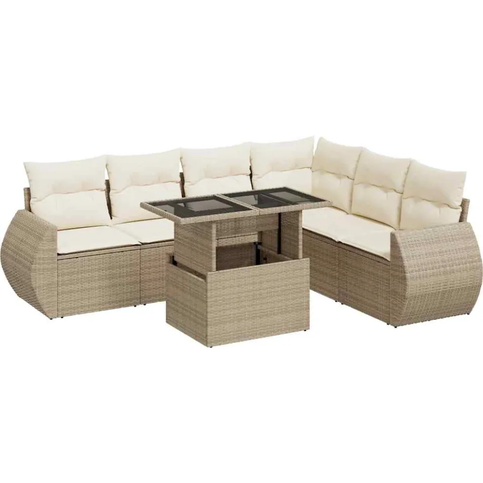 vidaXL 7-delige Loungeset met kussens poly rattan beige, foto 3