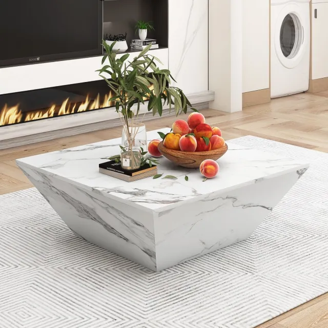 FloraGrace Salontafel - Trapeziumvormig Met 2 Laden - Voor Woonkamer En Slaapkamer - MDF Met Marmerlook - 70x70x37 Cm - Wit