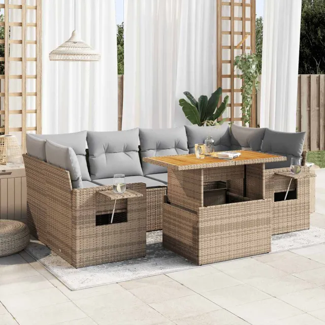 vidaXL 7-delige Loungeset met kussens poly rattan beige, foto 2