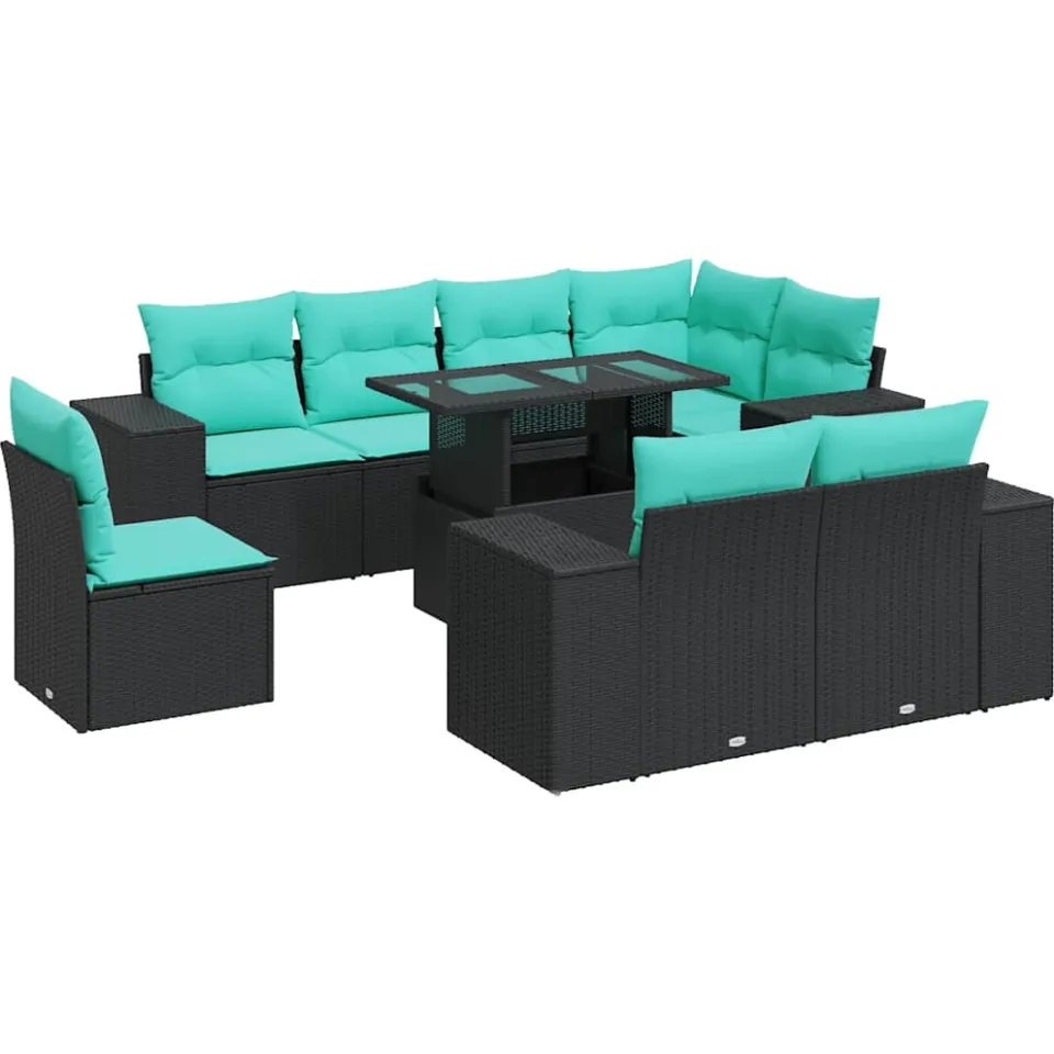 vidaXL 9-delige Loungeset met kussens poly rattan acacia zwart, foto 3
