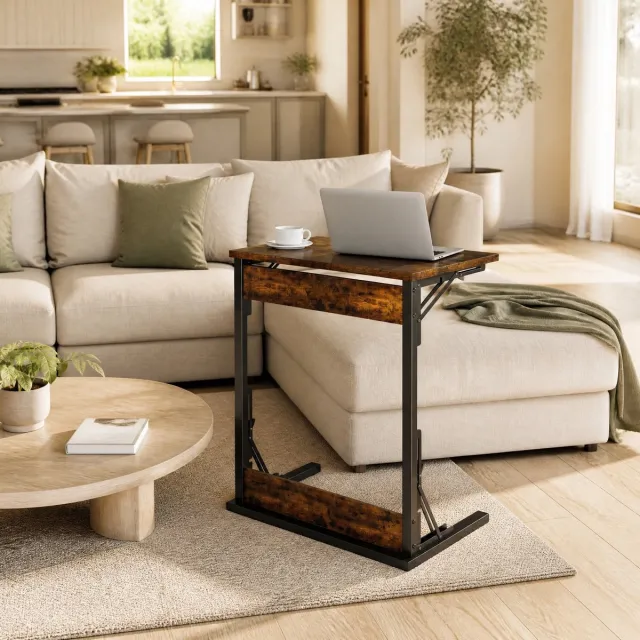 MEUNIQ Set van 2 klapbare C-vormige bijzettafels 60 x 37 x 71 cm met metalen frame en verstelbare voeten voor woonkamer en slaapkamer, rustiek bruin