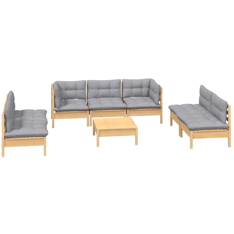 vidaXL 8-delige Loungeset met grijze kussens massief grenenhout grijs