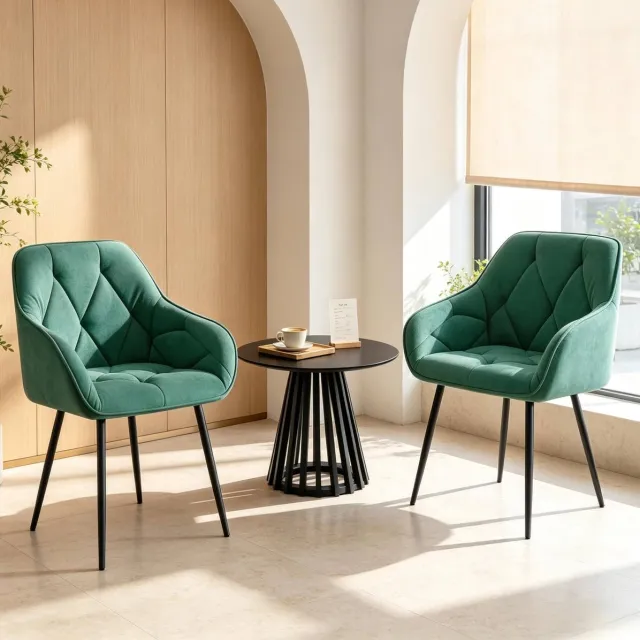 DESMIU Eetkamerstoel Set Van 2 - Kuipstoel Met Armleuningen En Gestikt Patroon - Voor Eetkamer Woonkamer En Werkkamer - Velvet Metaal - Turquoise