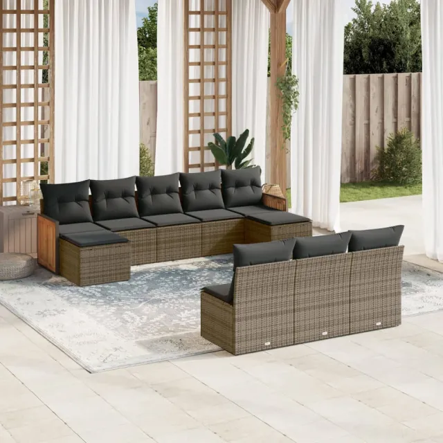 vidaXL 10-delige Loungeset met kussens poly rattan grijs, foto 2