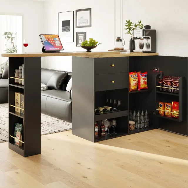 Maisentiel Draaibare bartafel met opbergruimte, zijrekken en lades - zwart MDF Zwart, licht houtkleurig