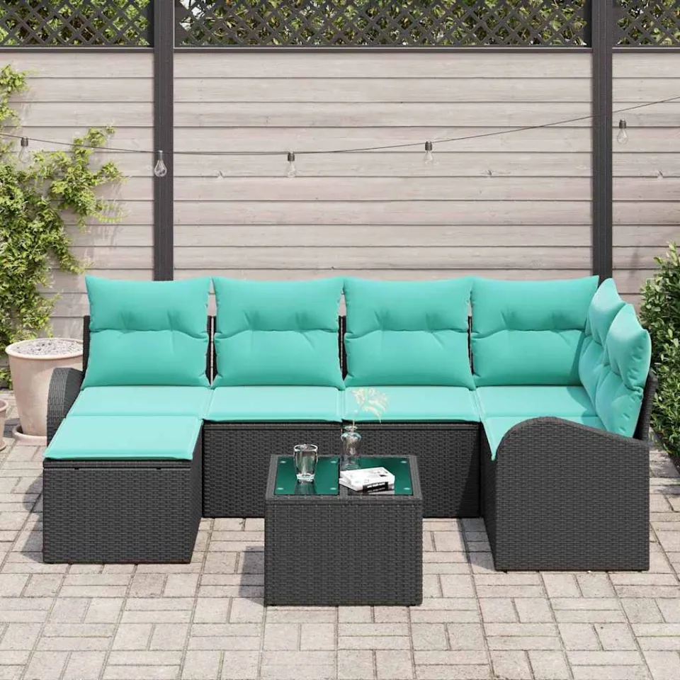 vidaXL Bankstel 7 st Zwart en Turquoise poly rattan, foto 3