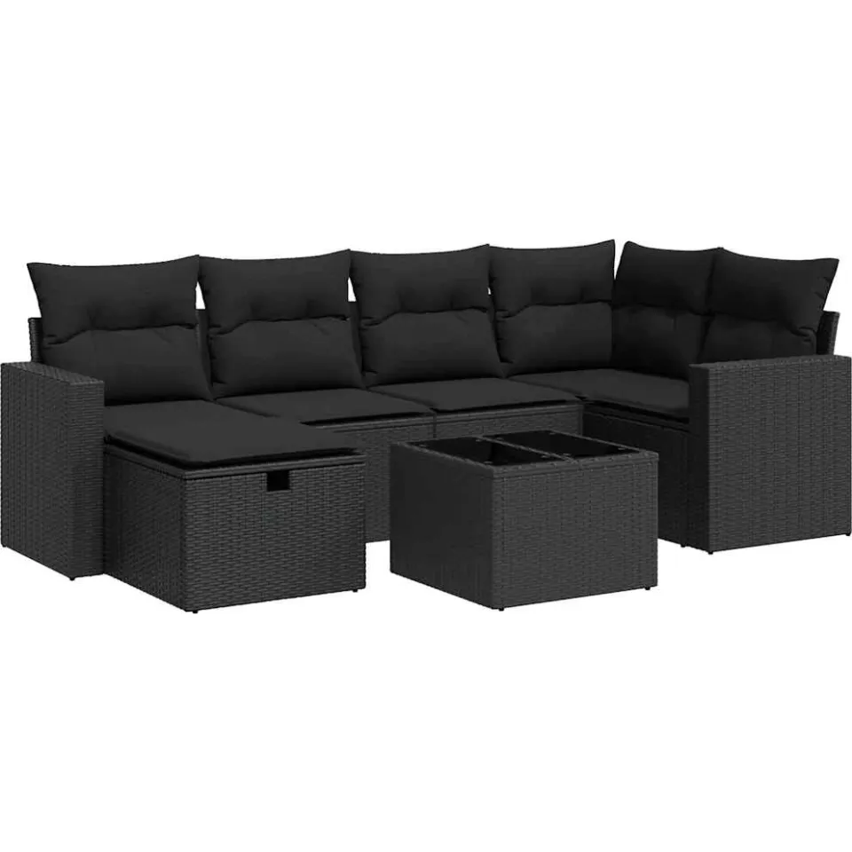 vidaXL 7-delige Loungeset met kussens poly rattan zwart, foto 3