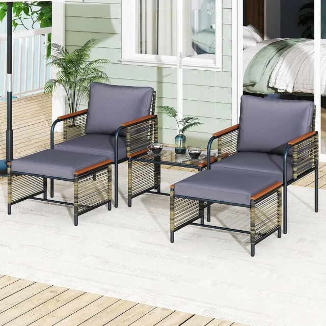 Laura Tuinmeubelset 5-delig 64x62x79 cm – Rotan Balkonset met 2 Fauteuils, 2 Voetenbanken en Tafel met Glasplaat – Comfortabele Loungeset voor Balkon & Tuin – Grijs – Laura