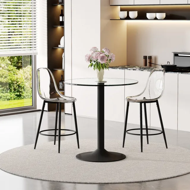 OKWISH Bartafelset 89 Cm - Met 2 Barkrukken En Transparant Design - Voor Open Keuken Of Bar - Glas Metaal Kunststof Zwart, Transparant