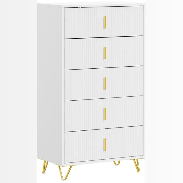 SoBuy Ladekast - Ladenkastje met 5 Laden en Goudkleurige Handgrepen - Ladekasten Slaapkamer Wit met Verticale Ribbelafwerking en Gedraaide Gouden Poten | FSB119-W