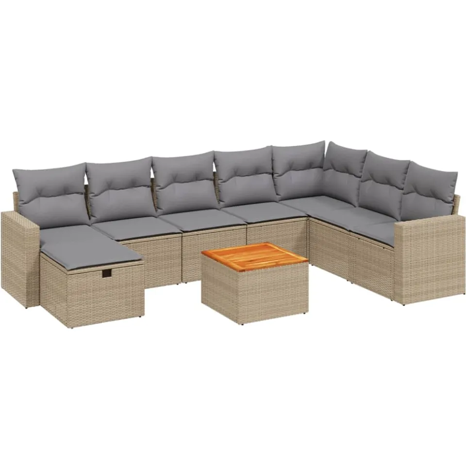 vidaXL 9-delige Loungeset met kussens poly rattan gemengd beige, foto 3
