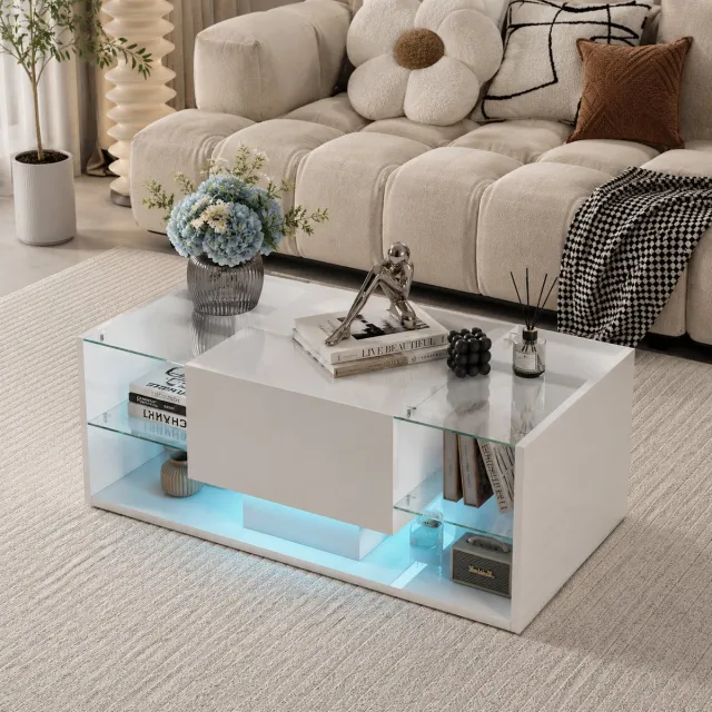 MEXUS Salontafel Glanzende - met hangende led-lichtstrip - salontafels met open schap en lades - Moderne woonkamertafels met opbergruimte - Rechthoekige - 100x50x35cm - Wit