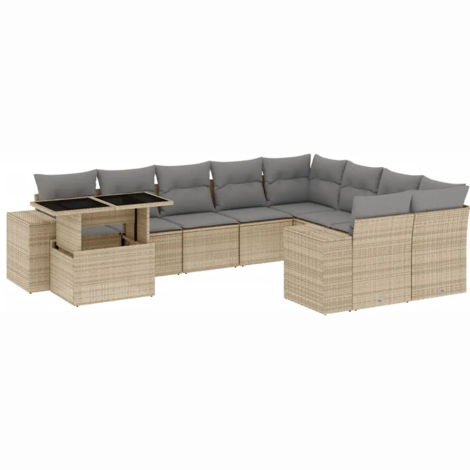 vidaXL 10-delige Loungeset met kussens poly rattan beige