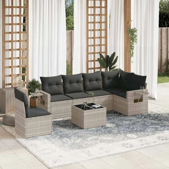 vidaXL 7-delige Loungeset met kussens poly rattan lichtgrijs grijs, foto 2