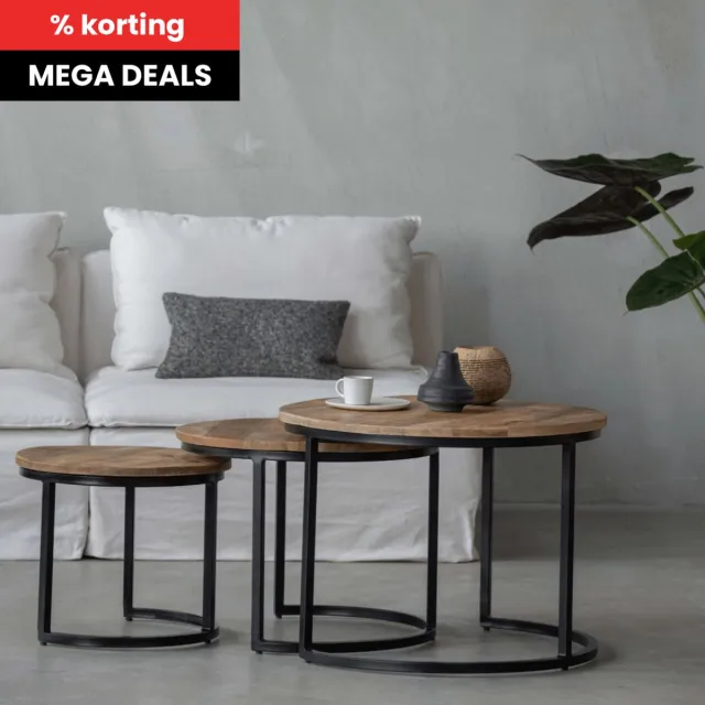 Mahom Mangohouten Salontafels Charlotte XL Mahom - Set van 3 Industrieel - Kleine tafel van Mangohout & Metaal - Industriële Huiskamertafel Bruin