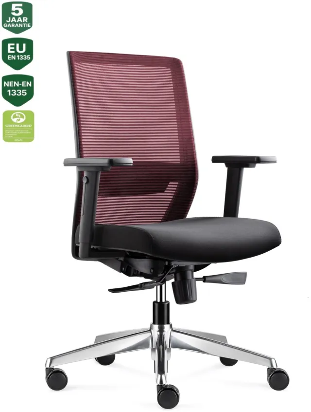 Bens 850-Ergo-3 Rood - Ergonomische Bureaustoel - Bureaustoel voor volwassenen - Kantoorstoel - Gepolijst aluminium voetenkruis - GREENGUARD GOLD - NEN-EN1335 & ARBO normen