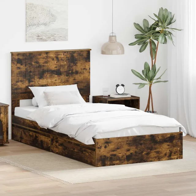 vidaXL Opslag bed met lade Gerookt eiken 100 x 200 cm Bewerkt hout Bruin