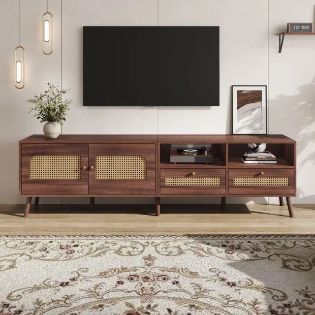 Welltin Tv-meubel met rattan deuren-tv-meubel voor 80 inch televisie-twee lades-acht poten-200 x 37 x 49,5 cm – woonkamer – bruin spaanplaat