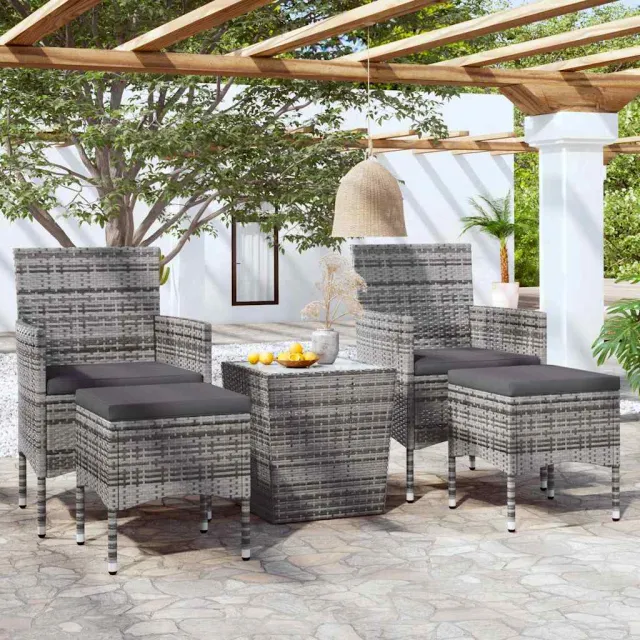 vidaXL 5-delige Bistroset poly rattan en gehard glas grijs, foto 2