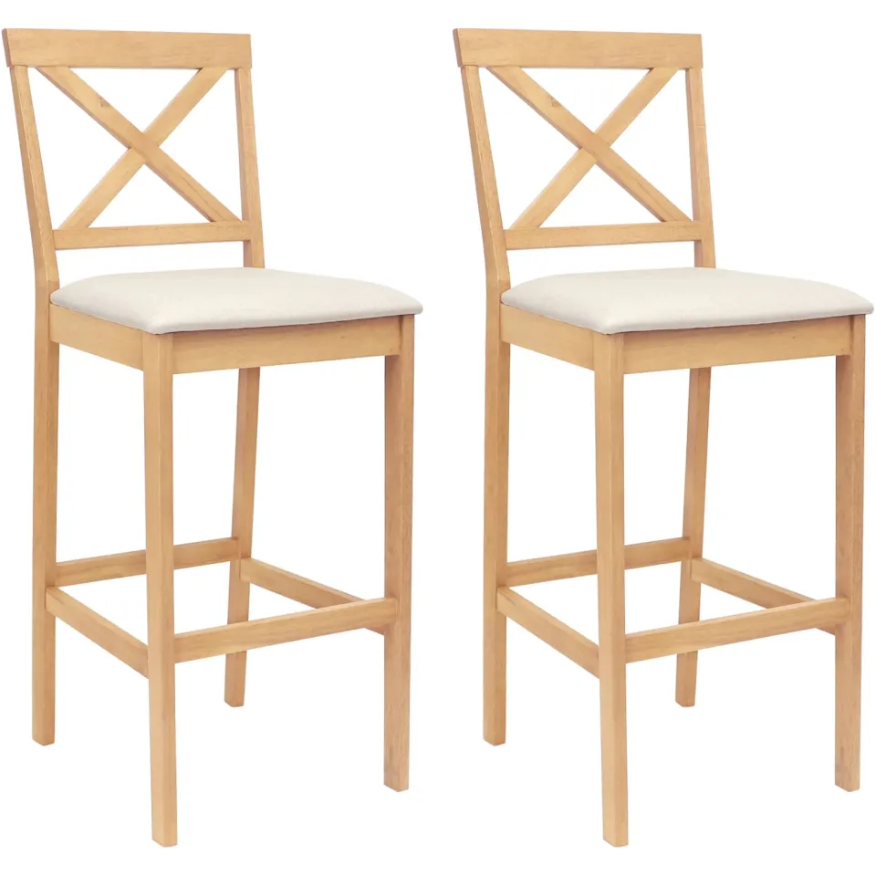 vidaXL Barkruk 2 st Naturel en Beige Massief Rubberhout en Stof Bruin