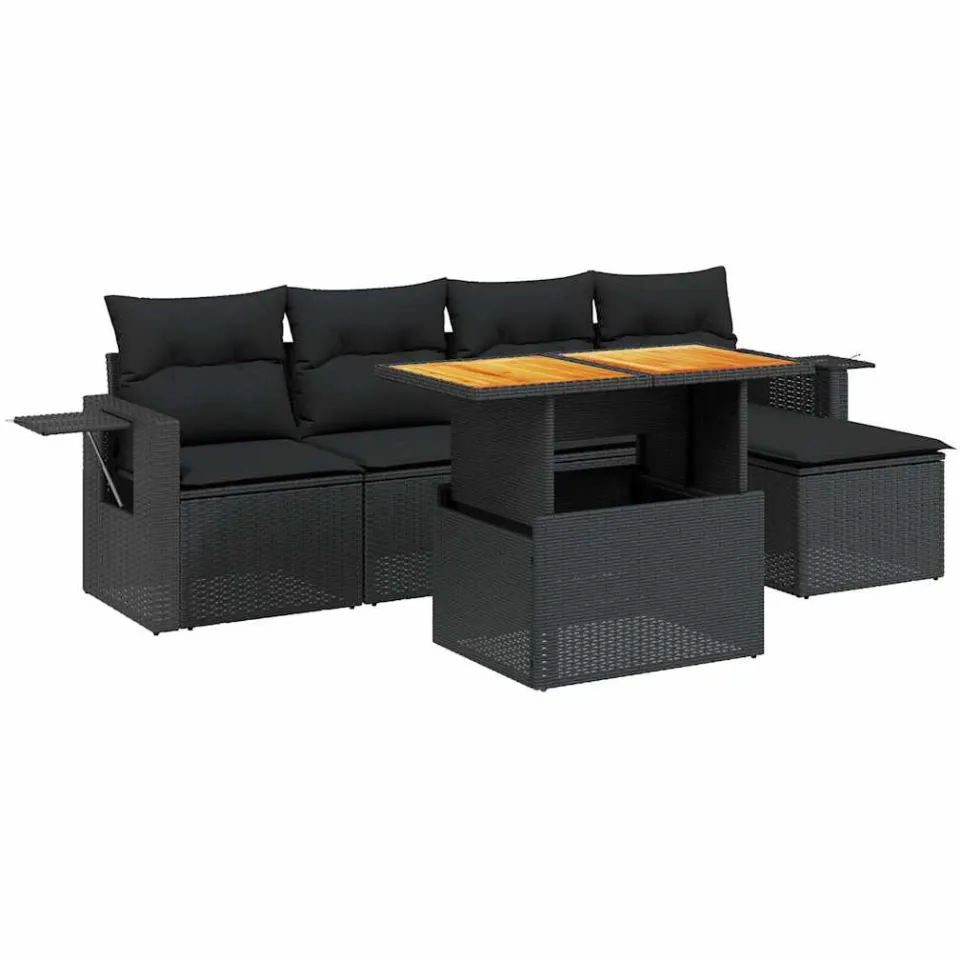 vidaXL 6-delige Loungeset met kussens poly rattan zwart, foto 4