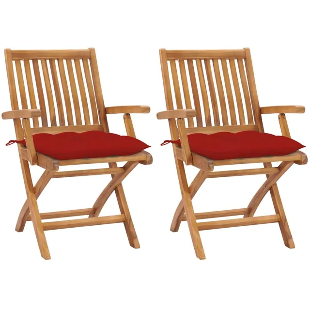 vidaXL Inklapbare stoelen 2 st met rode kussens massief teakhout Rood