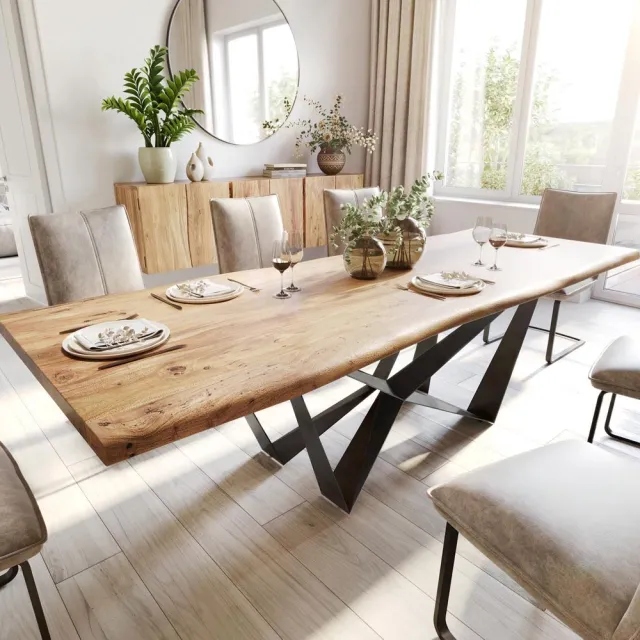 DELIFE Eettafel Edge acacia natuur 260x100 Spider vlak staal zwart Live-Edge eettafel Bruin