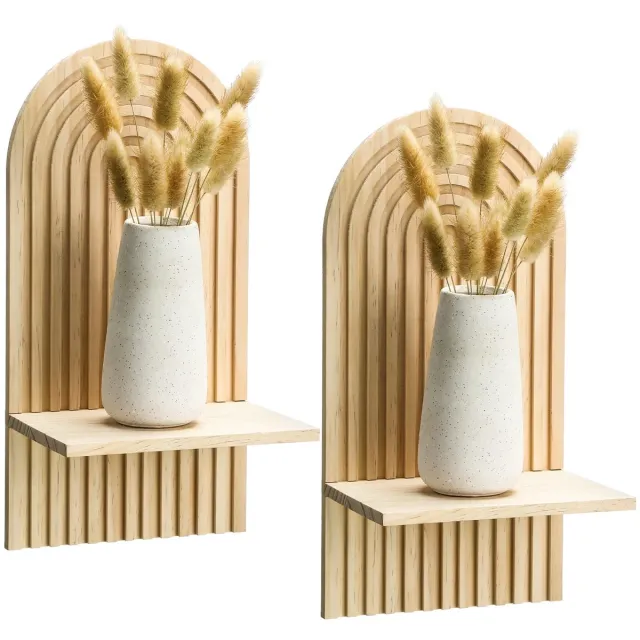 PZCC Wandrek - Boho Wandplank Set van 2 – Houten Zwevende Wandplanken – 35 x 12 x 18 cm - Gebogen zwevende plank van massief hout - Decoratieve Wanddecoratie voor Woonkamer, Slaapkamer en Badkamer – Naturel