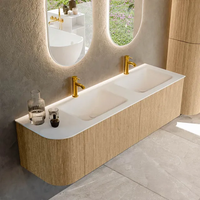 Mondiaz KURVE 155 cm Onderkast Greeploos 2 Lades Met Deuren Oak, Wastafel Solid Surface Rechts Talc 2 Kraangaten Zonder Spiegel (KRVCLO155L2L1D2KD-Oak/Tal)
