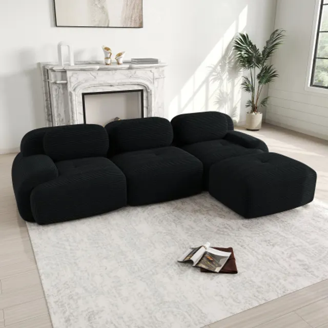 in& out door furniture Modulares Ecksofa ohne Montage, ergonomisch und haustierfreundlich, aus Cordstoff mit extra-breiten Armlehnen, 32D hochelastische Polsterung für Wohnzimmer und Schlafzimmer, zwart