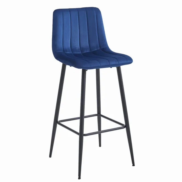 LEOBERT POZZA Barkruk – Marineblauw Velvet – Zwarte Metalen Poten – Met Rugleuning – Met Voetsteun – Modern Design – Voor Keukeneiland, Bar en Keuken – Max. 110 kg