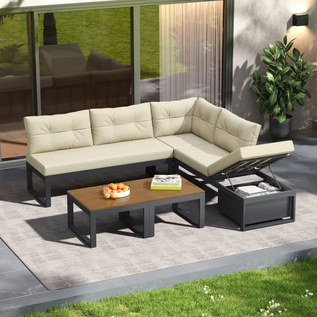 MEUNIQ Hoekloungeset met tafel, verstelbare rugleuning en ligfunctie, opbergruimte en kussens – modulair tuinset voor terras, balkon en tuin – beige