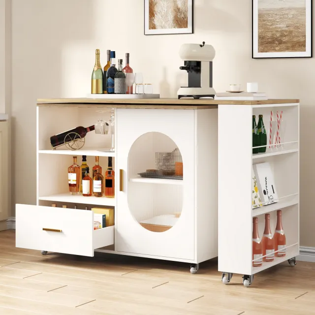 MIVRAY Bartafel - Draaibaar Uitschuifbaar Keukeneiland Met Opbergruimte - Voor Keuken En Eethoek - MDF En Metaal - 120-180x60x90 Cm - Naturel Wit
