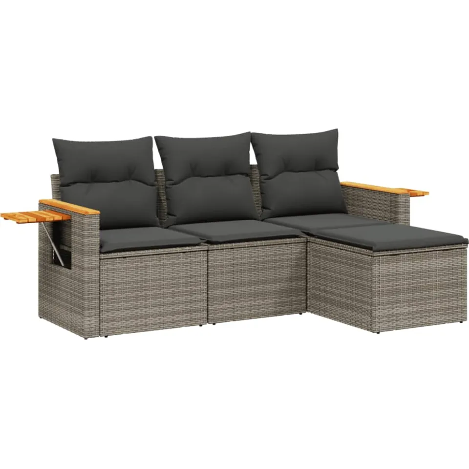 vidaXL 4-delige Loungeset met kussens poly rattan grijs, foto 3