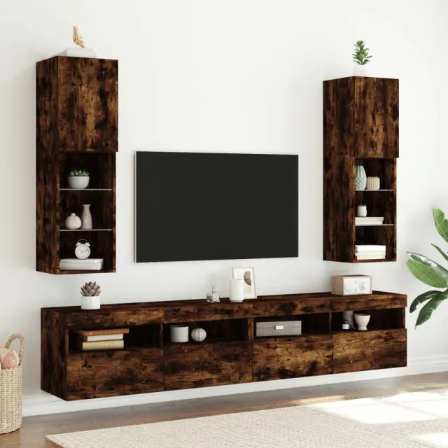 vidaXL Tv-meubels LED-verlichting 2 st 30,5x30x102 cm gerookt eiken Bruin