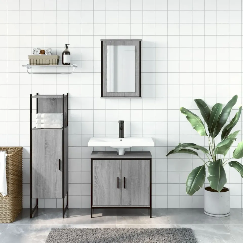 vidaXL 3-delige Badkamermeubelset bewerkt hout grijs sonoma eikenkleur, foto 2