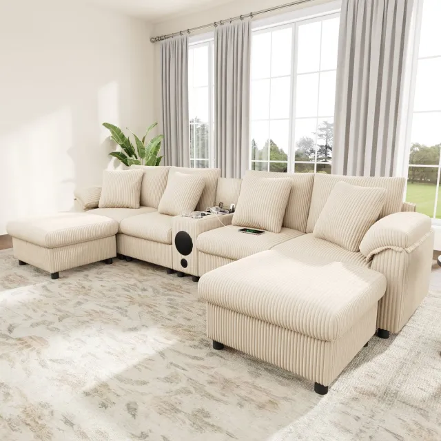 OKWISH Hoekbank 315,5 X 144 X 84,5 Cm - Modulaire U Of L Vorm Met Bluetooth Geluid, Opbergconsole, Draadloos Laden - Corduroy - Beige