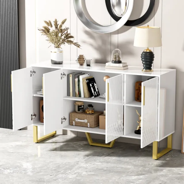 MEUNIQ Dressoir 140 x 40 x 80 cm met 4 deuren, hoogglans wit, geometrisch front, metalen grepen en poten voor woonkamer of eetkamer