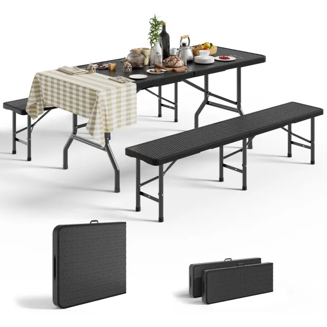 Devoko Biertafelset opklapbaar – Opklapbare tafel + 2 opklapbare stoelen - 8 personen - 74 x 180 x 74 cm - HDPE Kunststof – – Voor Tuin, Camping & Balkon Zwart