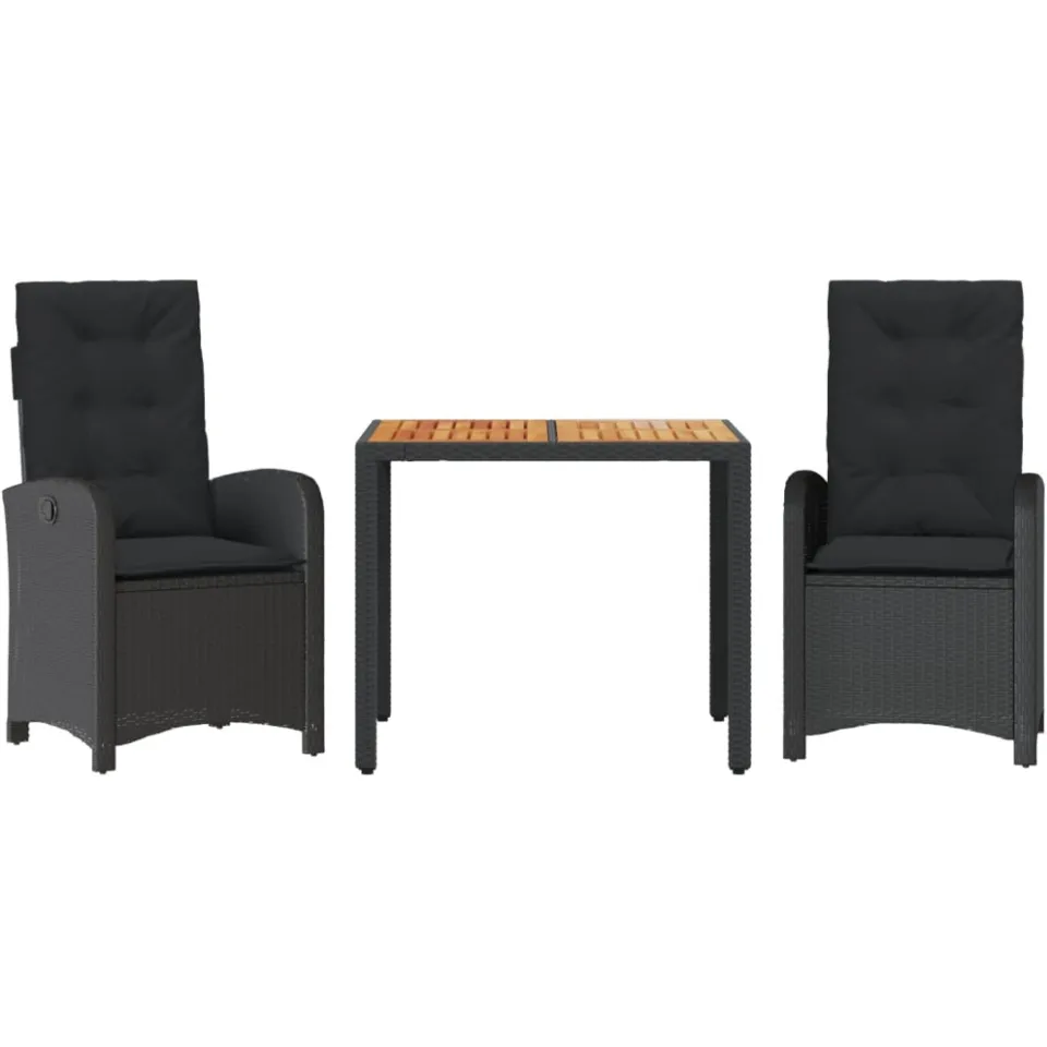 vidaXL 3-delige Tuinset met kussens poly rattan zwart